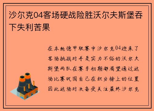 沙尔克04客场硬战险胜沃尔夫斯堡吞下失利苦果